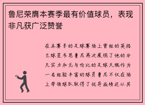 鲁尼荣膺本赛季最有价值球员，表现非凡获广泛赞誉